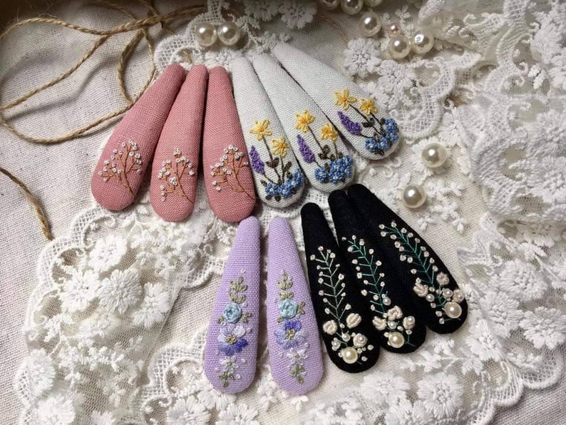 Lavender Baby Breath Pearl Embroidered Hair Barrettes For Women Girl, Embroidered Hair Clip, Flower Snap Clips, Handmade Hairclip image 1