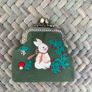 Rabbit Embroidered Denim Coin Purse, Small Change Pouch With Flower Embroidery, Handmade Vintage Women's Coin Purse, Gift For Her image 2