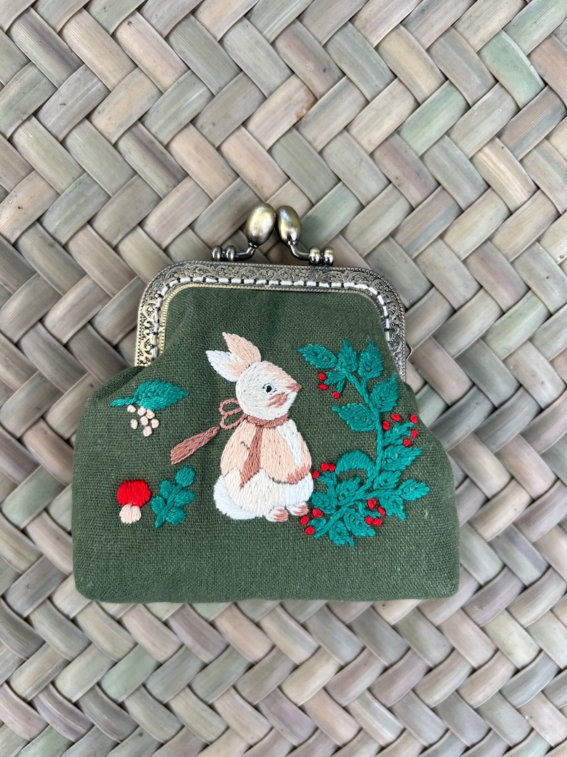 Rabbit Embroidered Denim Coin Purse, Small Change Pouch With Flower Embroidery, Handmade Vintage Women's Coin Purse, Gift For Her image 2