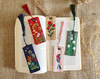 Floral Embroidered Bookmark, Cute Handmade Flower Bookmark, Linen Hand Embroidered Bookmark, Unique Gifts For Book Lovers