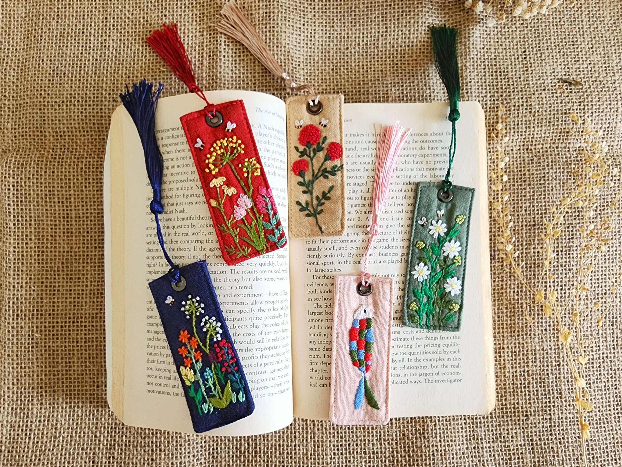 Floral Embroidered Bookmark, Cute Handmade Flower Bookmark, Linen Hand Embroidered Bookmark, Unique Gifts For Book Lovers
