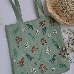 Linen Bag Red White Green Flower Plant Embroidery, Cute Vintage Market Bag, Eco Friendly Grocery Bag, Aesthetic Bag, Handmade Tote Bag image 2