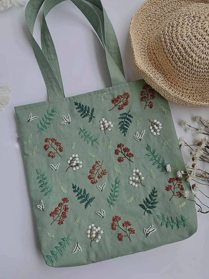 Linen Bag Red White Green Flower Plant Embroidery, Cute Vintage Market Bag, Eco Friendly Grocery Bag, Aesthetic Bag, Handmade Tote Bag image 2