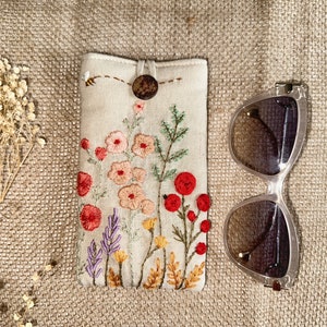 Flower Embroidered Glasses Case, Soft Linen Padded Eyeglasses Sleeve, Cute Floral Sunglasses Pouch 4.Beige-FlowerGarden