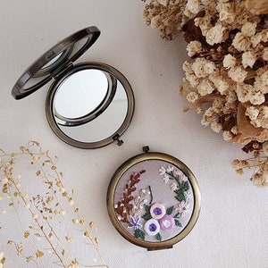 Floral Embroidered Compact Mirror, Vintage Makeup Mirror, Gift For Her, Aesthetic Bridesmaid Gift, Bridesmaid Compact Mirror, Collection 1 image 7