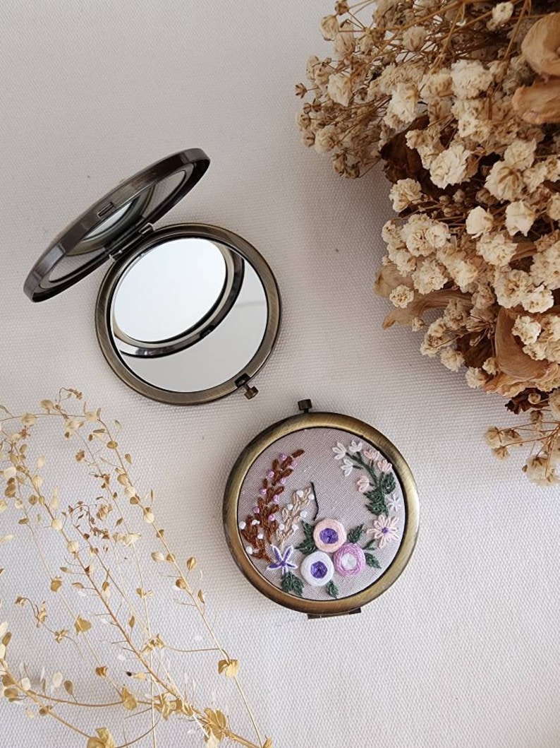 Floral Embroidered Compact Mirror, Vintage Makeup Mirror, Gift For Her, Aesthetic Bridesmaid Gift, Bridesmaid Compact Mirror, Collection 1 7. Flower garden