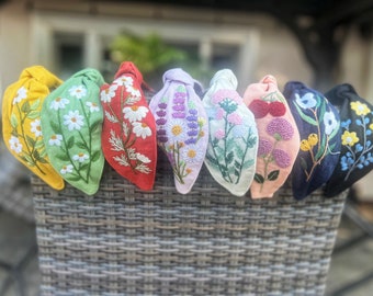 Faixa de cabelo larga bordada com flores, turbante de linho com nó, faixa de cabelo bordada delicada, acessórios de cabelo boho vintage para o verão
