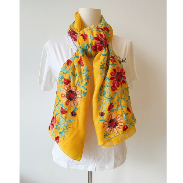 Yellow Floral Embroidered Scarf, Elegant Lightweight Breathable Scarf, Ethnic Bohemian Gypsy Boho Scarf