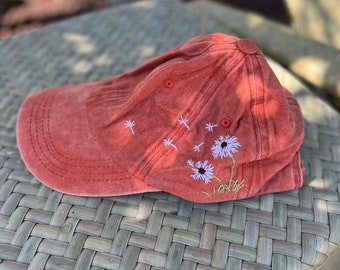 Hand-Embroidered Dandelion Baseball Cap, Hand Embroidered Flower Hat, Custom Embroidered Hat, Summer Cap, Gift For Her