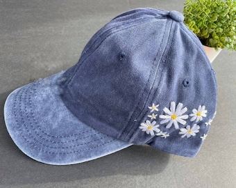 Daisy Flower Embroidered Baseball Cap, Hand Embroidered Flower Hat, Custom Embroidered Hat, Summer Cap, Gift For Her