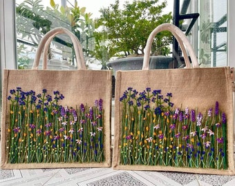 Flower Garden Jute Bag, Hand Embroidered Burlap Bag, Cute Market Bag, Eco Friendly Beach Bag, Aesthetic Bag, Handmade Tote Bag