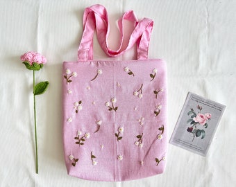 Hand Embroidered Daisy Linen Bag in Bright Pink, Cute Daisies Embroidery Market Bag, Eco Friendly Grocery Bag, Aesthetic Handmade Tote Bag