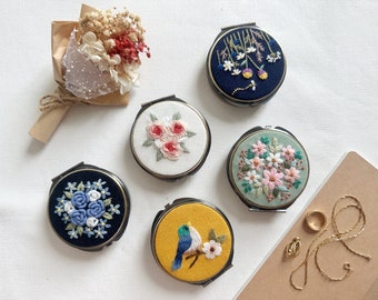 Floral Embroidered Round Jewelry Box, Cute Compact Mirror, Aesthetic Bridesmaid Gift, Valentine's Gift