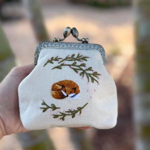 Fox Embroidered Denim Coin Purse, Small Change Pouch With Flower Embroidery, Handmade Vintage Women&#39;s Coin Purse, Gift For Her
