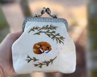 Fox Embroidered Denim Coin Purse, Small Change Pouch With Flower Embroidery, Handmade Vintage Women's Coin Purse, Gift For Her