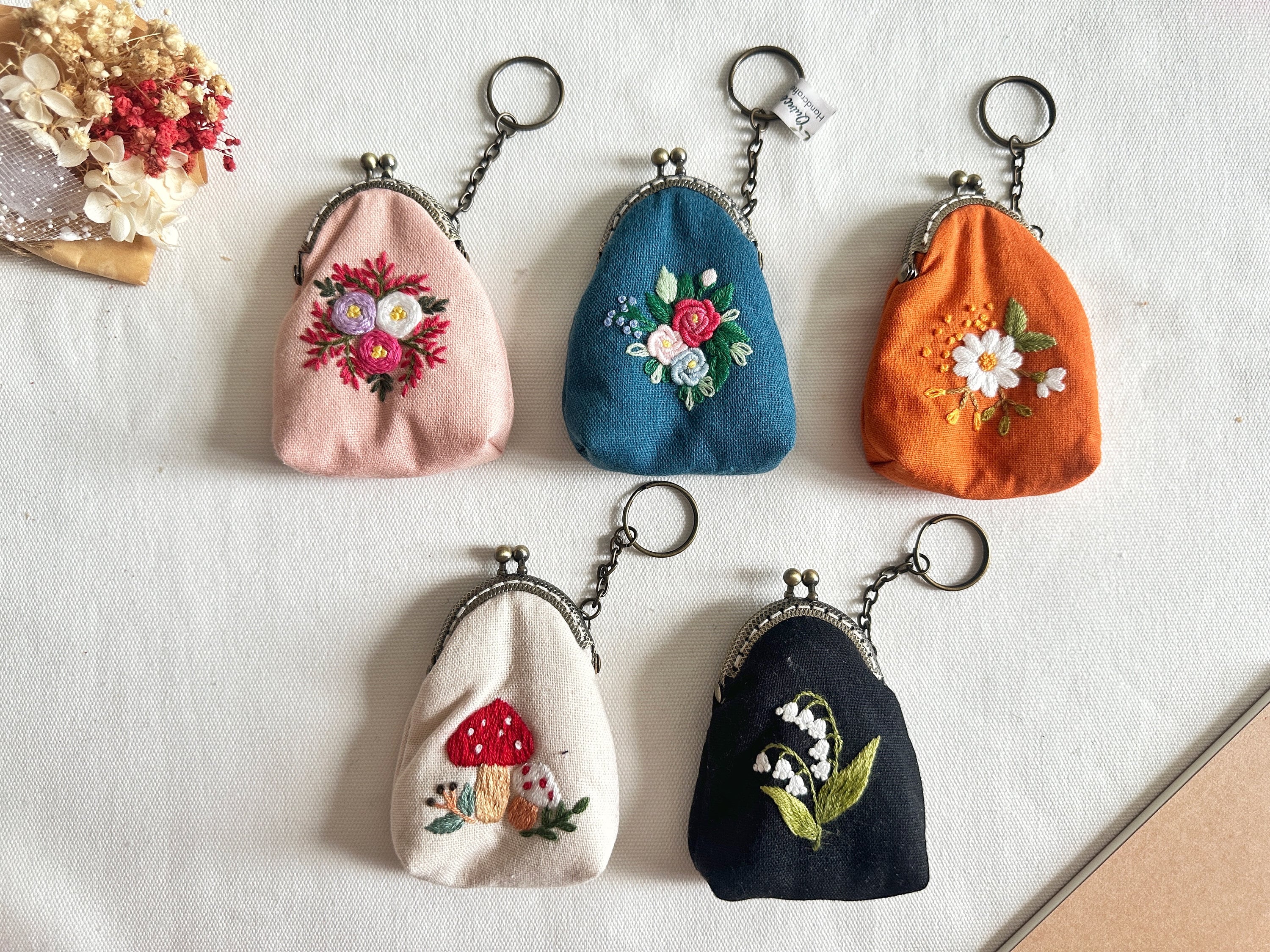 Buy Floral Embroidered Keychain Pouch, Handmade Keyring Flower