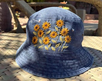 Sunflower Garden Embroidered Bucket Hat, Floral Bucket Hat, Handmade Summer Hat, Cottagecore Hat, Lightweight Travel Hat