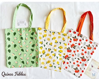 REVERSIBLE Lightweight Canvas Tote Bag With Avocado Lemon Orange Prints, Cute Embroidery Market Bag, Eco Friendly Grocery Bag, Aesthetic Bag