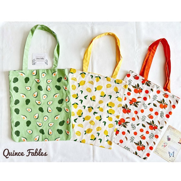REVERSIBLE Lightweight Canvas Tote Bag With Avocado Lemon Orange Prints, Cute Embroidery Market Bag, Eco Friendly Grocery Bag, Aesthetic Bag