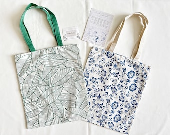 REVERSIBLE Lightweight Canvas Tote Bag With Flower & Leaf Prints, Cute Embroidery Market Bag, Eco Friendly Grocery Bag, Aesthetic Bag