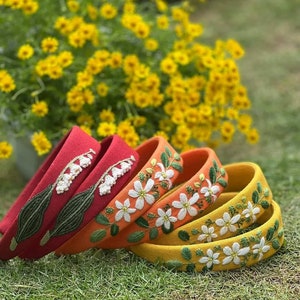 Besticktes Stirnband, Leinen Turban, Maiglöckchen Stickerei Haarband, Vintage Boho Haarschmuck