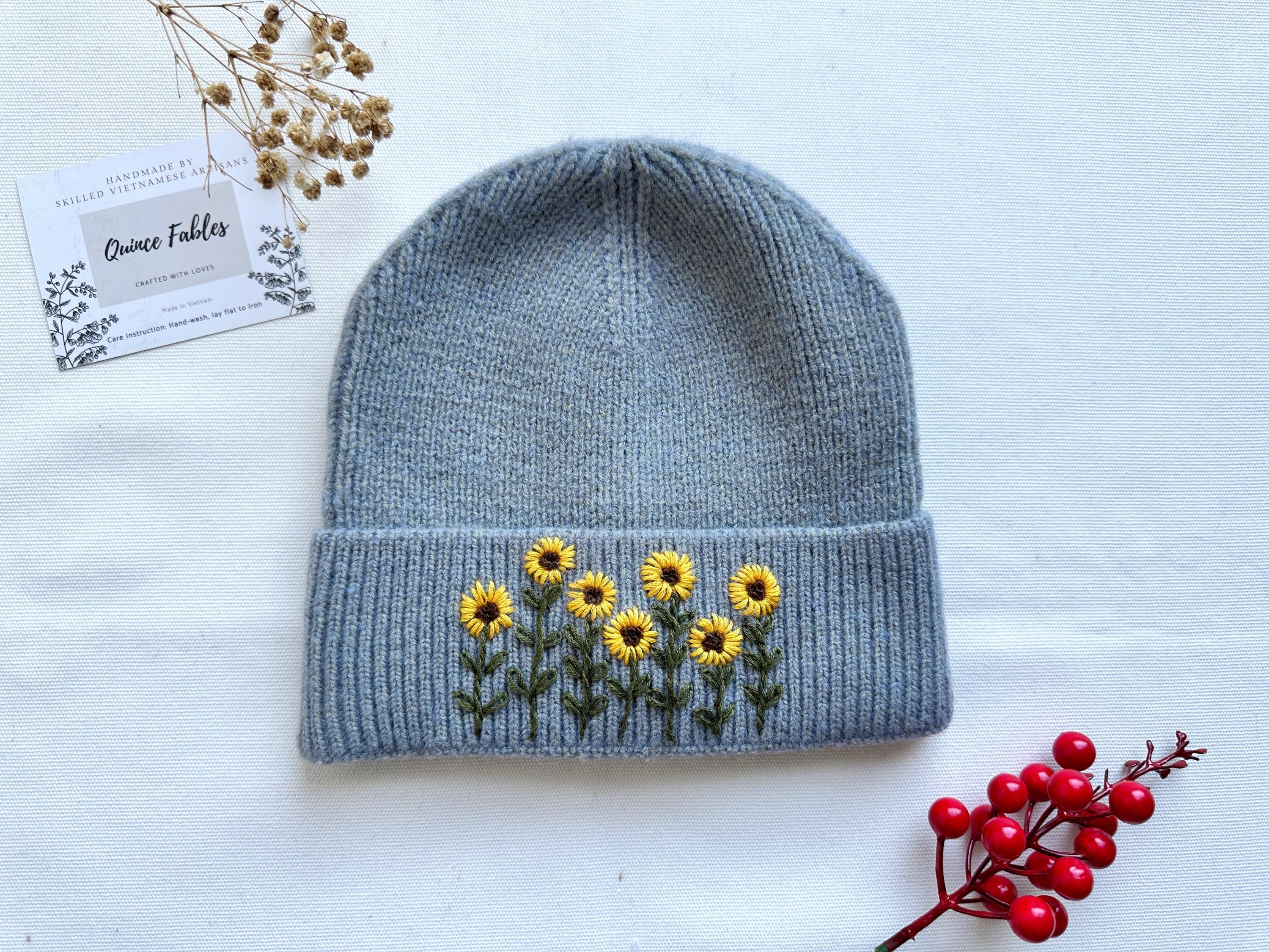 Hand-embroidered Beanie Hat With Mushroom Sunflower Roses