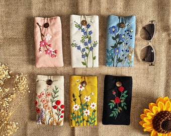 Flower Embroidered Glasses Case, Soft Linen Padded Eyeglasses Sleeve, Cute Floral Sunglasses Pouch