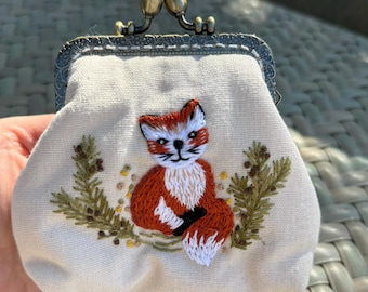 Cat Embroidered Denim Coin Purse, Small Change Pouch With Flower Embroidery, Handmade Vintage Women's Coin Purse, Gift For Her