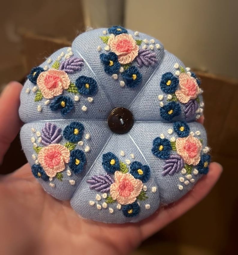 Roses Flower Embroidered Blue Pin Cushion, Handmade Pumpkin Pincushion, Pin Accessory, Pin Keeper, Sewing Room Decor, Gift for Her image 1