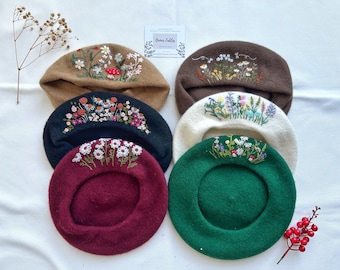Hand-Embroidered Beret, Stylish Flower Hat, Winter Hat, Stocking Stuffer, Christmas Gift Idea