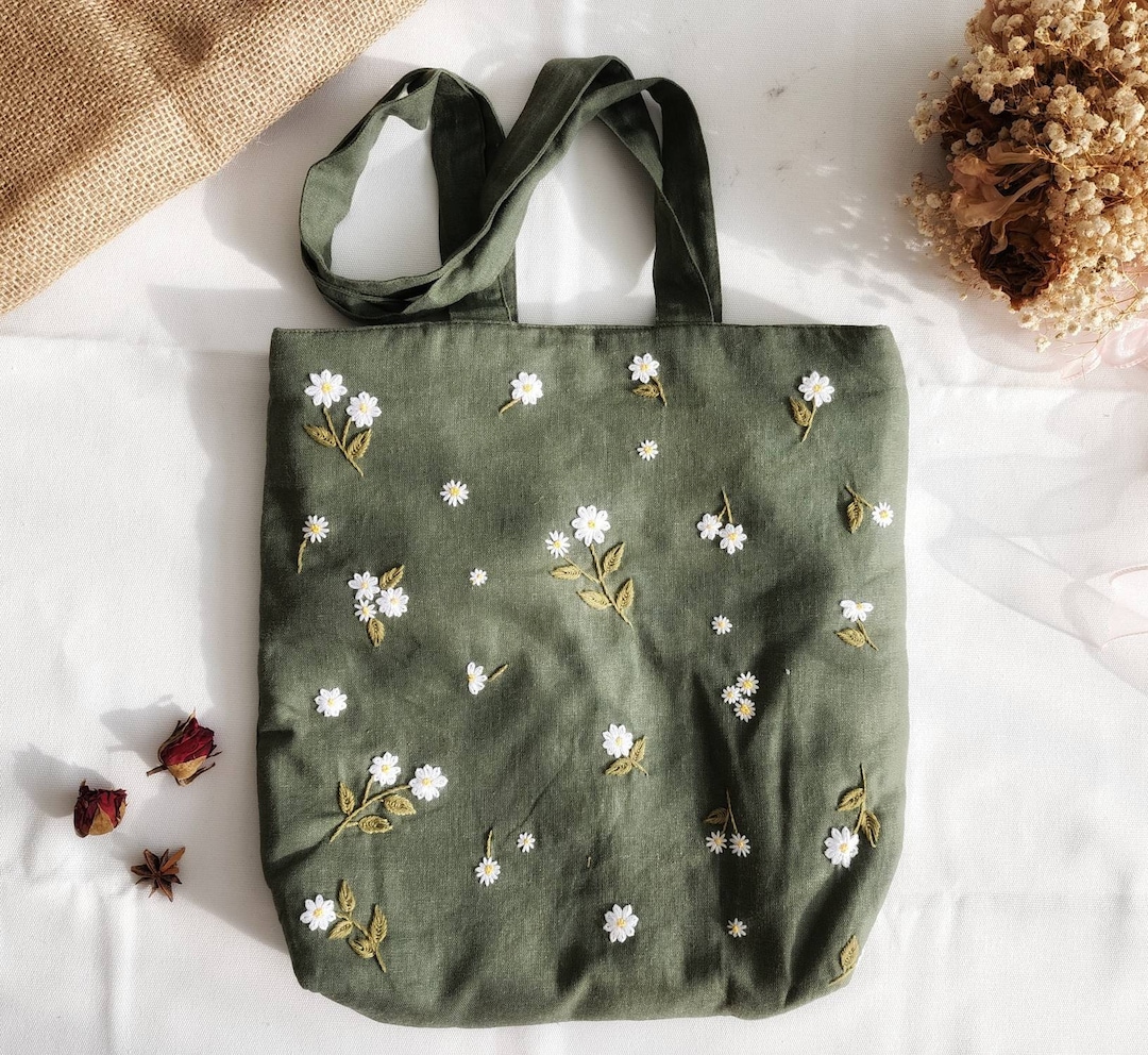 Hand Embroidered Daisy Linen Bag Cute Small Daisies Embroidery Market Bag Eco Friendly Grocery Bag Aesthetic Bag Handmade Tote Bag Etsy Canada