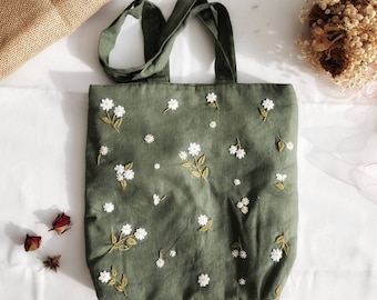 Hand Embroidered Daisy Linen Bag, Cute Small Daisies Embroidery Market Bag, Eco Friendly Grocery Bag, Aesthetic Bag, Handmade Tote Bag