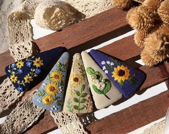 Sunflower Embroidered Hair Barrettes For Women Girl, Embroidered Hair Clip, Flower Snap Clips, Handmade Hair Clips