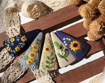 Sunflower Embroidered Hair Barrettes For Women Girl, Embroidered Hair Clip, Flower Snap Clips, Handmade Hair Clips