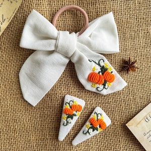 HALLOWEEN Pumpkin Embroidered Bow Hair Tie & Hair Barrettes, Hair Accessories For Toddler Girl Woman, Cute Hair Elastic, Ponytail Holder