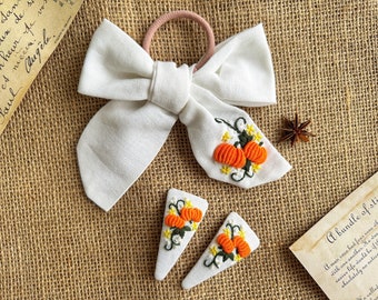 HALLOWEEN Pumpkin Embroidered Bow Hair Tie & Hair Barrettes, Hair Accessories For Toddler Girl Woman, Cute Hair Elastic, Ponytail Holder