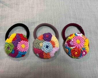 Embroidered Button Hair Tie, Floral Embroidery, Hair Accessories For Toddler Girl & Woman, Cute Hair Elastic