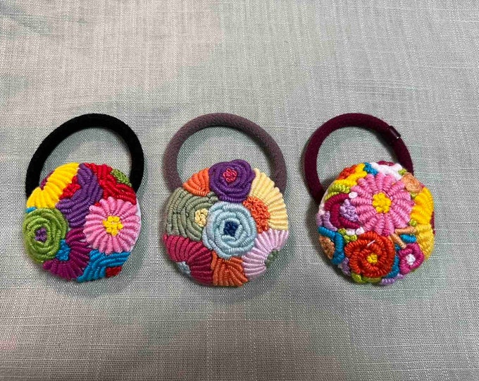 Embroidered Button Hair Tie, Floral Embroidery, Hair Accessories for ...
