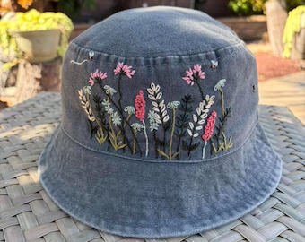 Flower Garden Embroidered Bucket Hat, Floral Bucket Hat, Handmade Summer Hat, Cottagecore Hat, Lightweight Travel Hat
