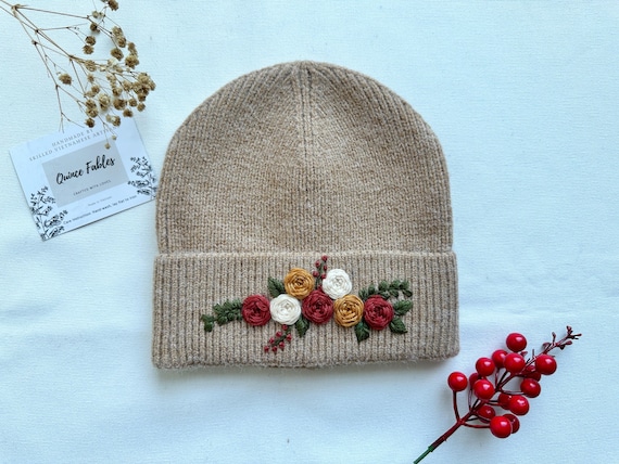 Cozy Red Knit Hat with Floral Embroidery Flower Embroidery Wool Beanie – World main image 3