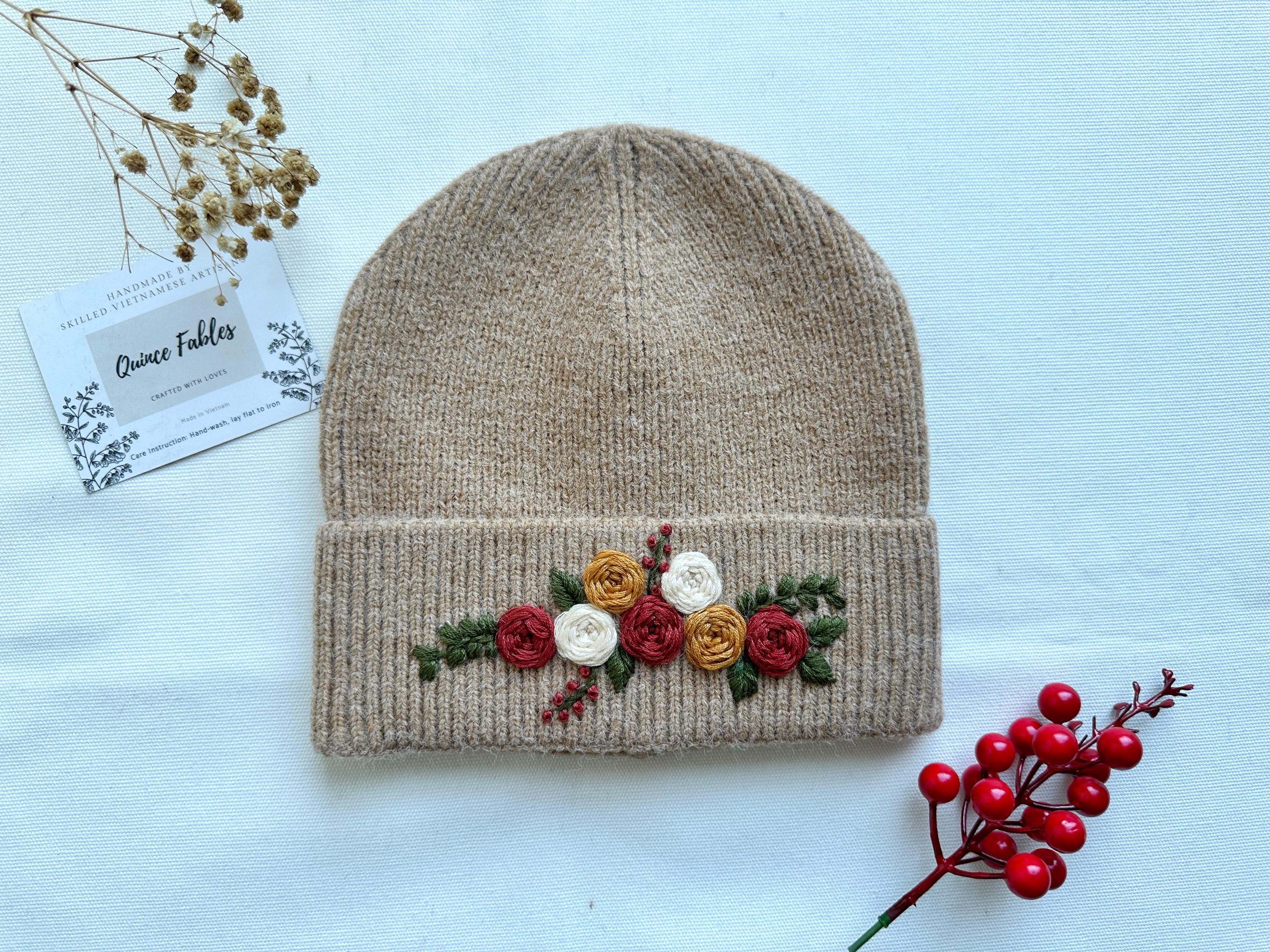 Hand-embroidered Beanie Hat With Mushroom Sunflower Roses