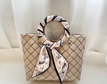 Beige Woven Plastic Mini Tote Bag With Silk Scarf, Recycled Plastic Clutch, Aesthetic Bag, Cute Mini Tote