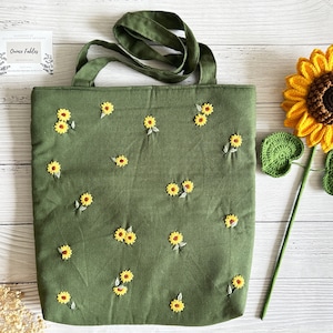 Handgestickte Sunflower Leinentasche, niedliche kleine Sunflower Stickerei-Markttasche, ästhetische Tasche, handgemachte Einkaufstasche