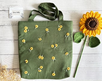 Hand Embroidered Sunflower Linen Bag, Cute Small Sunflower Embroidery Market Bag, Eco Friendly Grocery Bag, Aesthetic Bag, Handmade Tote Bag