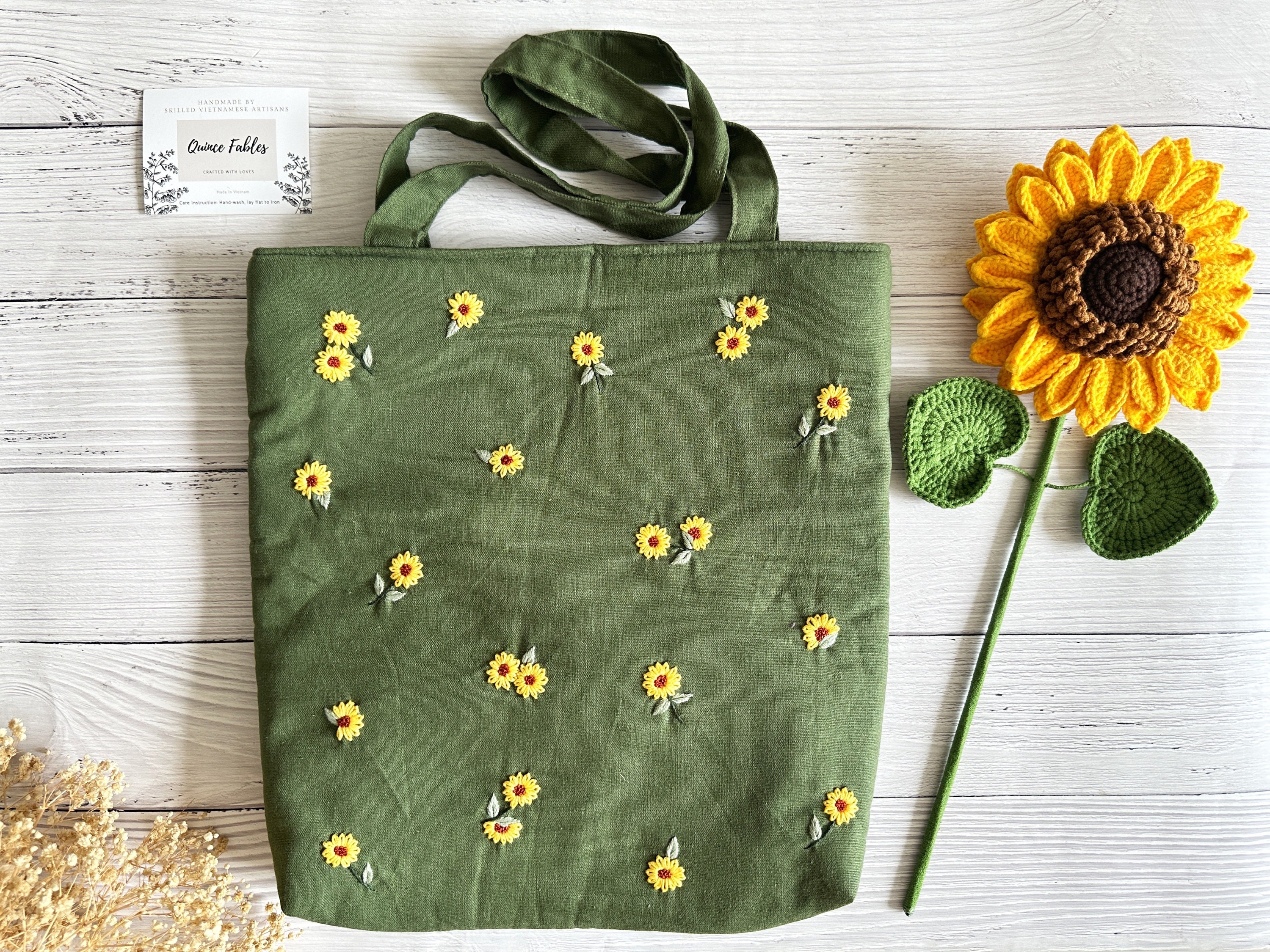 Hand Embroidered Sunflower Linen Bag Cute Small Sunflower Embroidery Market Bag Eco Friendly Grocery Bag Aesthetic Bag Handmade Tote Bag