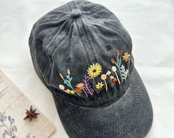 Colorful Flower Garden Embroidered Baseball Cap, Hand Embroidered Flower Hat, Custom Embroidered Hat, Summer Cap, Gift For Her