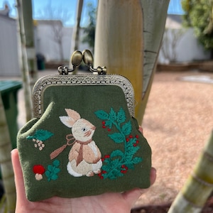 Rabbit Embroidered Denim Coin Purse, Small Change Pouch With Flower Embroidery, Handmade Vintage Women's Coin Purse, Gift For Her image 4