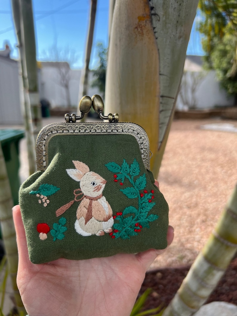 Rabbit Embroidered Denim Coin Purse, Small Change Pouch With Flower Embroidery, Handmade Vintage Women's Coin Purse, Gift For Her image 4