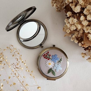 Floral Embroidered Compact Mirror, Vintage Makeup Mirror, Gift For Her, Aesthetic Bridesmaid Gift, Bridesmaid Compact Mirror, Collection 1 1. Three flowers