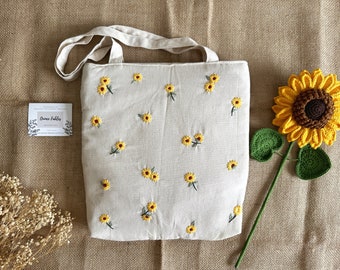 Handgestickte Sunflower Leinentasche, niedliche kleine Sunflower Stickerei-Markttasche, ästhetische Tasche, handgemachte Einkaufstasche